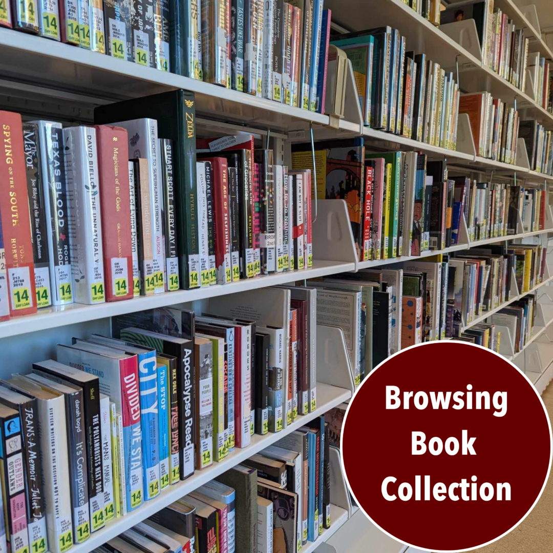 A picture of a long shelf of books with a circle in the bottom right corner overlaid on the image and text reading "Browsing Book Collection"