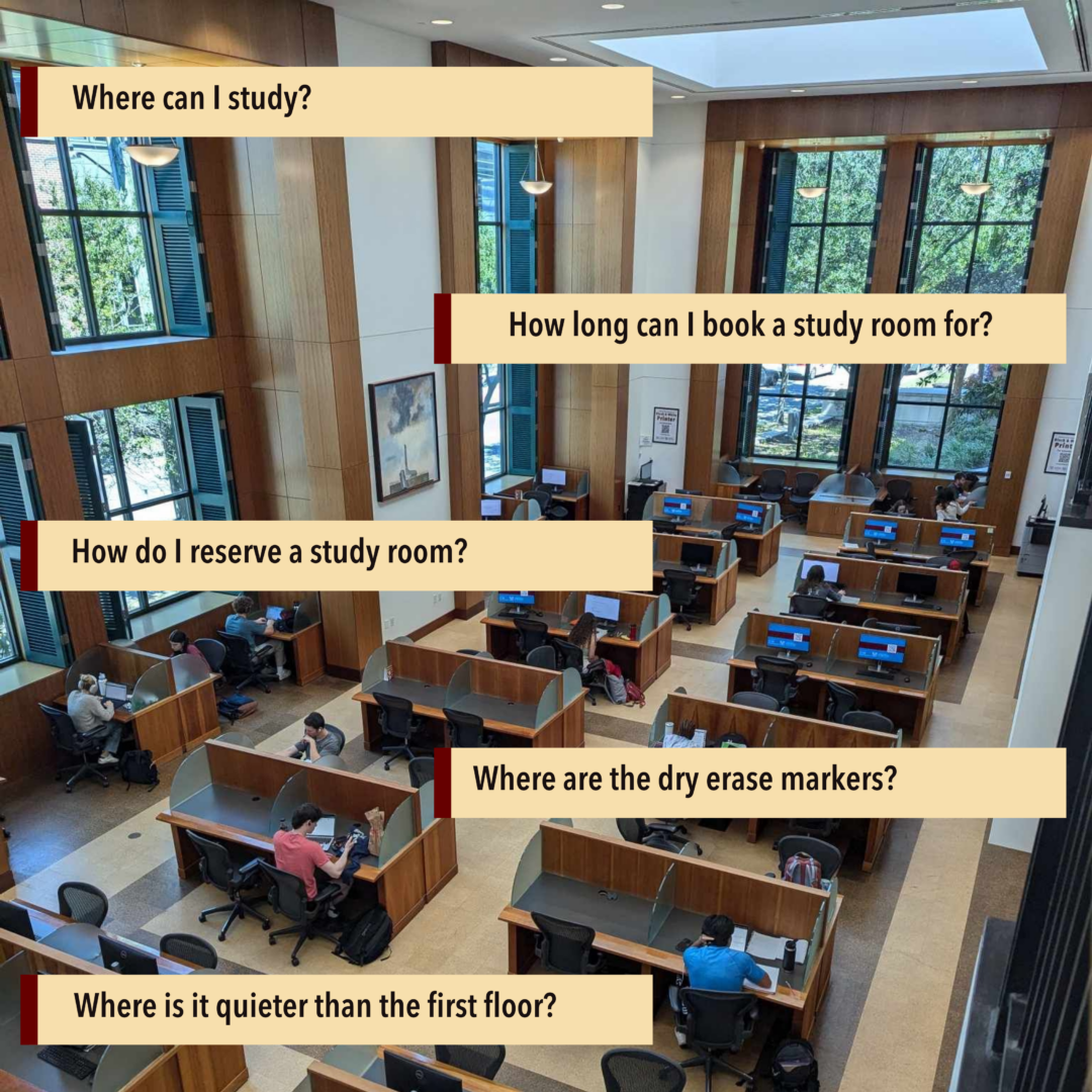 A picture of the Henry Brown wing of Addlestone library with students at study desks. On top of the image are the questions: Where can I study? How long can I book a study room for? How do I reserve a study room? Where are the dry erase markers? Where is it quieter than the first floor?